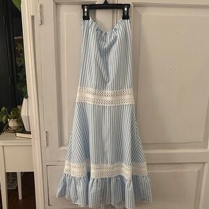 Light Blue Striped Lace-Trim Midi Dress
